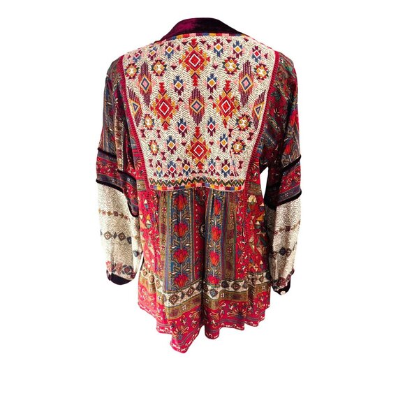 John Mark Boho Multicolor Floral Patchwork Blouse S Velvet Accents L/S Tassel - Picture 3 of 10